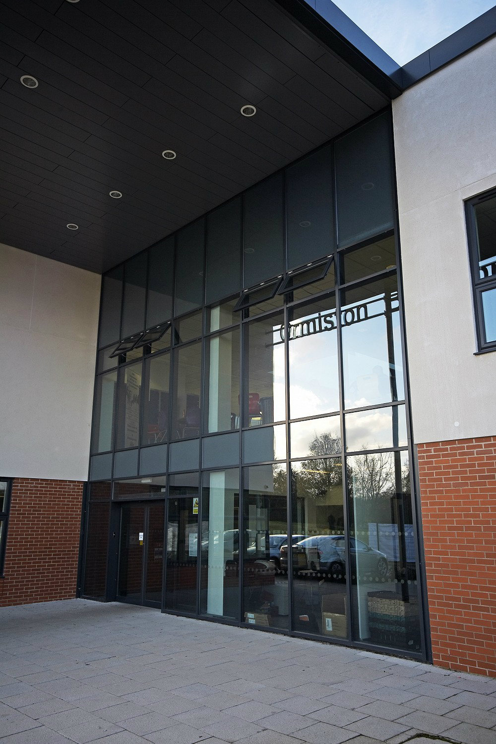 Entrance of a school which shows curtain walling