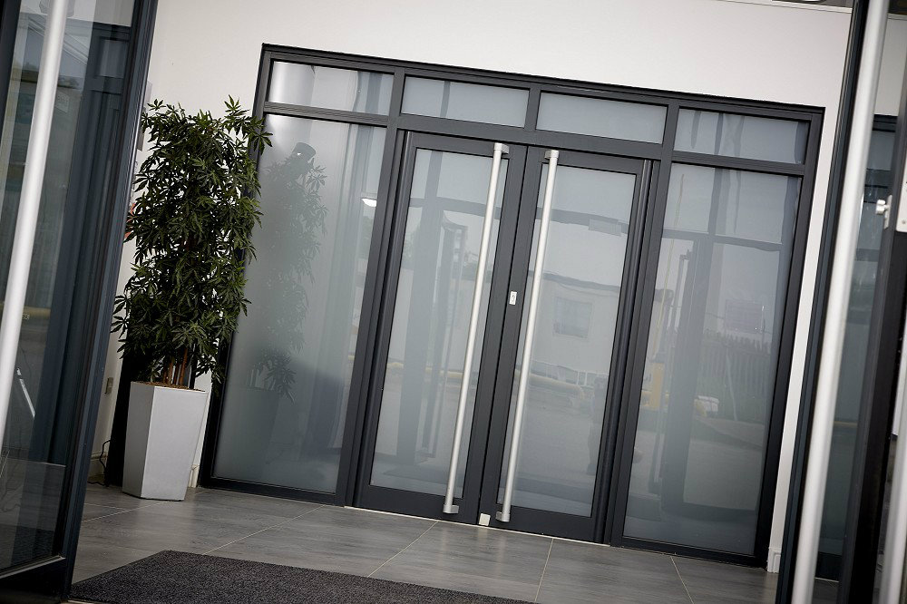 Aluminium entrance doors on a commercial office building